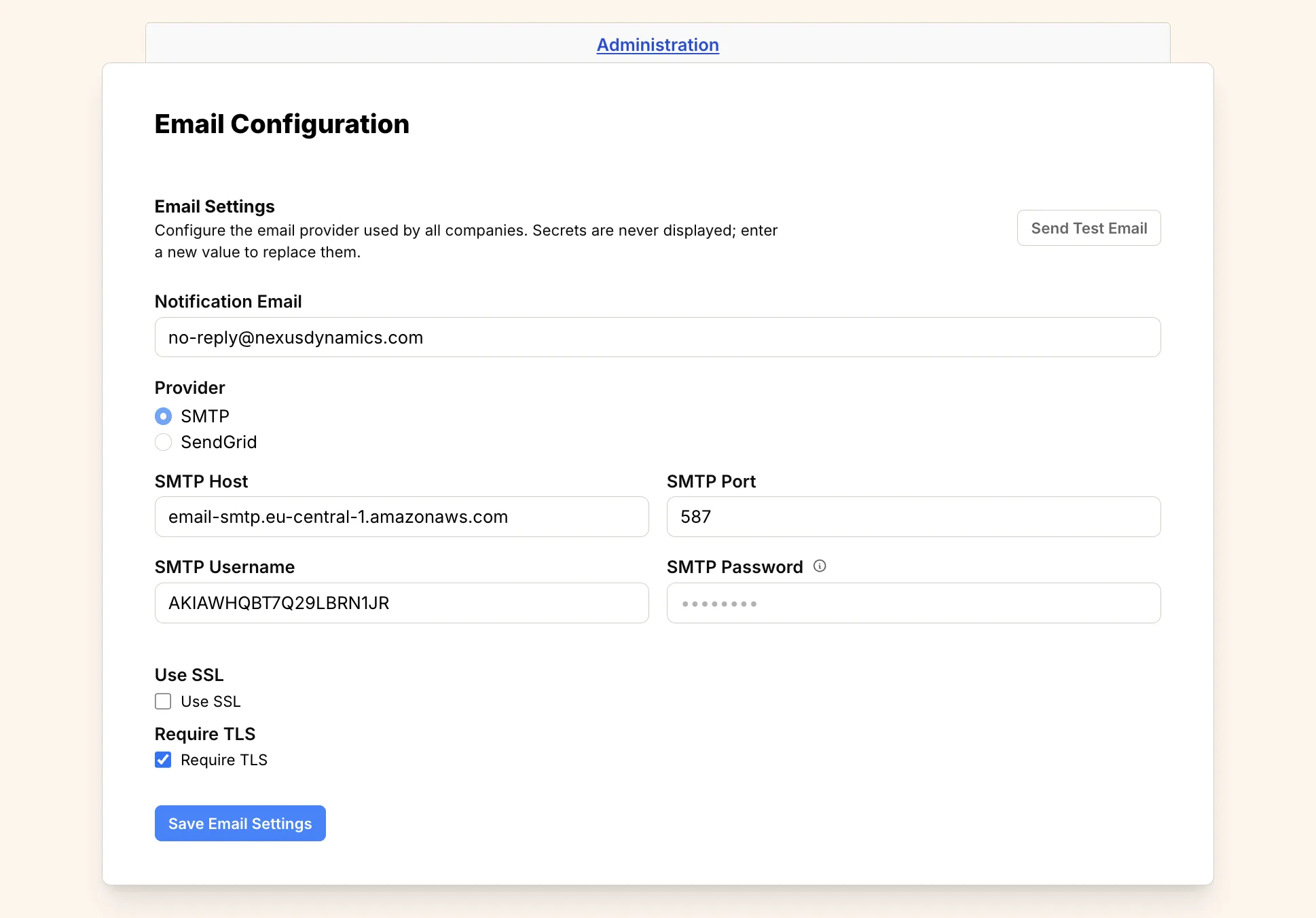 Screenshot: AWS SES Configuration